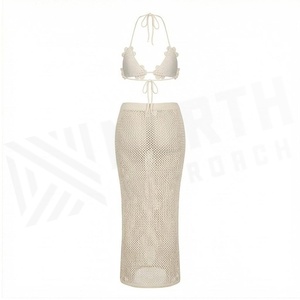 Women 2 Piece Crocheted <b>Bikini</b> <b>Set</b> With 3D Flower Decoration Halter Top And Knee Length <b>Skirt</b> Beige - Product Image 2