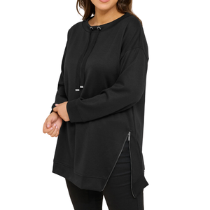 Sweat-shirt pour femmes grandes tailles, automne/hiver, noir, luxe, détails argentés, fermeture éclair, manches longues à revers, cordon de serrage en chevrons - Product Image 2