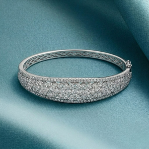 <b>Solid</b> 18k White <b>Gold</b> Natural Genuine Diamond Wide Dome <b>Bangle</b> Five Row Full Pave Setting Heavy Chunky Classic Unisex Luxury Fine - Product Image 3