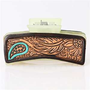 Pinza para el pelo artesanal de cuero occidental hecha a mano con diseño floral de girasol y cactus, ligera, accesorio artesanal para el cabello. - Product Image 3