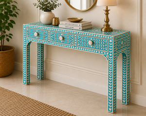Handcrafted Bone Inlay <b>Console</b> <b>Table</b> with 3 Drawers Floral Pattern Entryway <b>Desk</b> Luxury Hallway Accent Furniture for Living room - Product Image 5