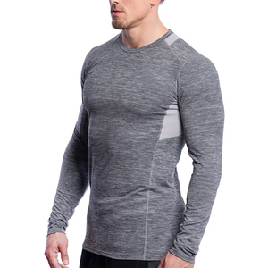 Men Gray Long Sleeve Crew Neck Breathable Compression Shirt Solid Color All Seasons Regular Fit Pullover Rash Guard Seamless - Product Image 2