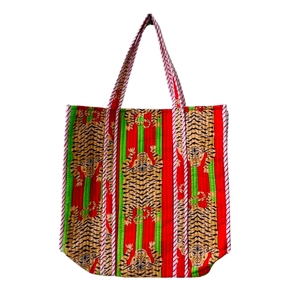 Bohemian Cotton Tote <b>Bag</b> with Floral Pattern Red Green Stripes <b>Foldable</b> Autumn Shopping <b>Bag</b> All Seasons Style - Product Image 1