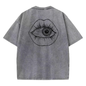 T-shirt Homme Oversize Manches Courtes Col Rond Streetwear Gris en Jersey de Coton avec Imprimé Photo Yeux et Lèvres au Dos - Product Image 5