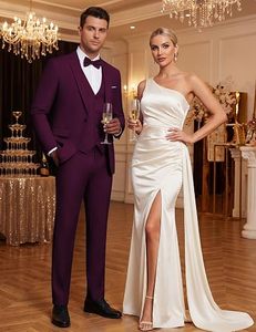Traje de 3 piezas para hombre, mezcla de lana morada, blazer, chaleco y pantalón, formal, para negocios o bodas, antiarrugas, corte ajustado, botonadura sencilla - Product Image 2