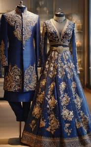 Nuevo y Elegante Conjunto de Sherwani y Lehenga de Chifón con Bordado Floral Azul, Atuendo Tradicional para Bodas, Estilo Indio-Pakistaní para Compromisos - Product Image 3