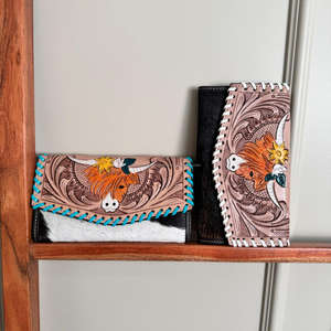 Cartera de mano tallada a mano con patrón occidental, Cartera de piel de vaca de cuero genuino elegante, carteras de cuero occidental de usos múltiples - Product Image 3