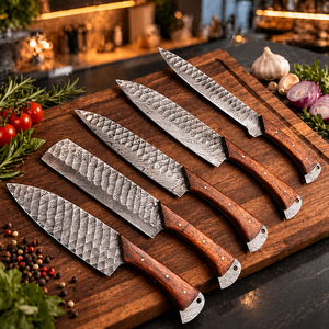 Custom Handmade Five-Piece Chef <b>Set</b> Ambidextrous Damascus Steel Straight Edge Durable <b>Sharp</b> Blades Wood Handle - Product Image 1