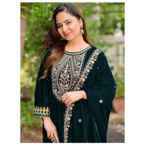 FANTAISIE VELOURS BRODERIE SEQUENCE TRAVAIL HAUT BAS AVEC DUPATTA VERT - Product Image 6