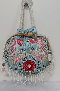 Traditional Indian Fashion Women's Mini Potli <b>Bag</b> Peacock Embroidery Pearl Decoration 9x9 Inches Drawstring Closure High Quality - Product Image 4
