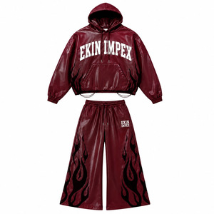 Wholesale Custom Front <b>Men</b> Unisex Burgundy Faux PU Leather Tracksuit Set Oversized Hooded Hoodie Wide Leg Pants Solid Pattern - Product Image 3