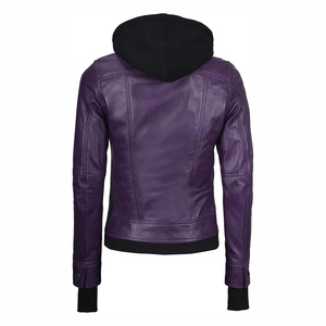 Wholesale High Quality Premium Purple Genuine Leather Hooded Moto <b>Jacket</b> Full Sleeve Zipper Closure Women's Autumn Wear - Product Image 3