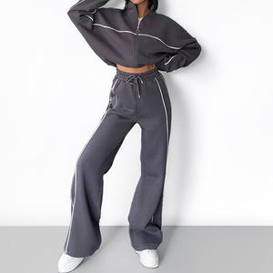 High Quality French Terry Zipper Fashion Hoodie Set Custom logo Applique Embroidery Cut Hoodie Sweatpants <b>Jogging</b> <b>Suit</b> for Women - Product Image 3