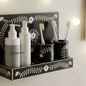 Organizador de pared con incrustaciones de hueso negro de diseño, elegante estante de almacenamiento para tocador, conjuntos decorativos para baño y organizador para aseos. - Product Image 3