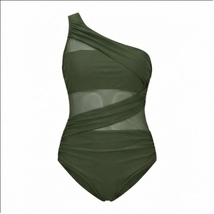One Shoulder Asymmetric One Piece Swimsuit With Mesh Detail High Waist Women's Swimwear Solid <b>Green</b> Stretch <b>Bodysuit</b> - Product Image 1