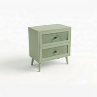 Table d'appoint moderne et écologique à 2 tiroirs en bois de caoutchouc et placage de chêne MDF avec détails en rotin, table de rangement pour salon