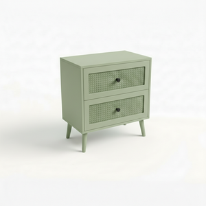 Mesa Auxiliar Moderna Ecológica de 2 Cajones de Madera de Caucho y MDF con Chapa de Roble y Detalles de Ratán, Mesa de Almacenamiento para Sala de Estar - Product Image 1