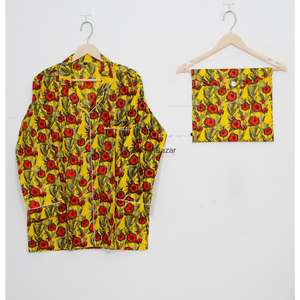 Conjunto de Pijama de Manga Larga con Estampado Floral 100% Algodón, Estilo Vacacional para Mujer, Hecho a Mano, con Cintura Elástica para el Verano - Product Image 2