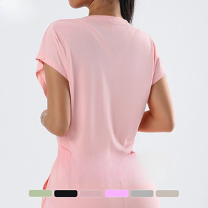 Haut court noir pour femme, à manches courtes, col rond, coupe ample, décontracté, en tricot, couleur unie, respirant, printemps-été - Product Image 4