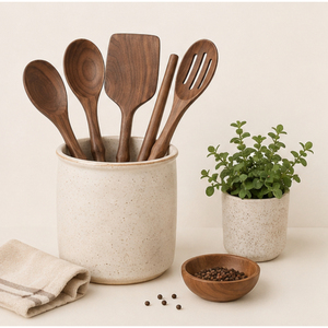 Ensemble d'ustensiles de cuisine écologiques en bois noir moderne, cuillères et spatules à long manche, fabriquées à la main, avec des poignées ondulées - Product Image 2