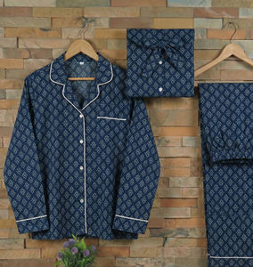 Indigo Cotton Two Piece Pajama Set <b>for</b> <b>Women</b> Hand Block Printed Lounge Wear Bulk Supplier India Export - Product Image 1