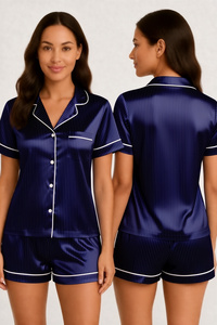 Ensemble de pyjama en satin à manches courtes pour femmes, imprimé géométrique, avec col rabattu, fermeture à boutons, vêtements de nuit d'été - Product Image 4