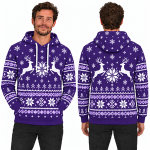 Men's Gray Christmas Reindeer Print Hooded Sweatshirt Knitted Polyester Casual Winter Hoodie with Pocket Design - Product Image 4