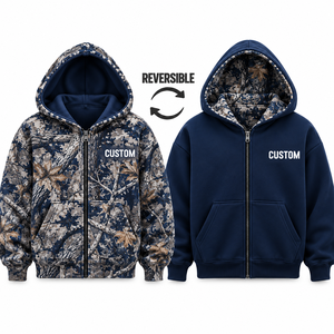 Sweat à capuche réversible personnalisé motif feuille, intérieur polaire bleu marine, poche avant, vêtement d'hiver, fournisseur B2B en gros USA - Product Image 4