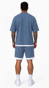 ONETEN APPAREL Conjunto de Dos Piezas para Hombre, Camiseta de Manga Corta con Cuello Redondo Azul Grisáceo y Pantalones Cortos con Ribete en Contraste - Product Image 3