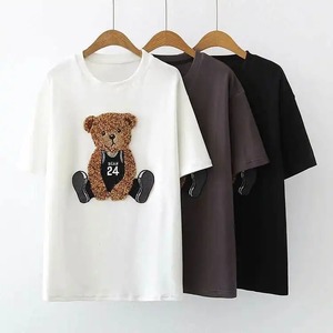 T-shirt en coton pour homme, manches courtes, col rond, imprimé ours floqué, coupe décontractée, motif graphique, blanc, noir, gris - Product Image 1