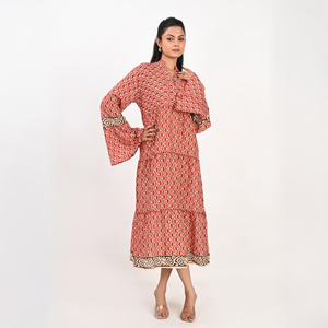 Boho Printed 100% Cotton Maxi <b>Dress</b> V-neck Long Sleeve Geometric <b>Pattern</b> Regular Fit <b>A</b>-<b>Line</b> Silhouette Casual Summer Wear - Product Image 2