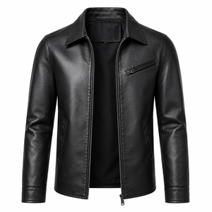 Veste en cuir noir pour homme avec col chemise classique, fermeture éclair intégrale sur le devant, poche poitrine, poches latérales et coupe slim moderne - Product Image 1