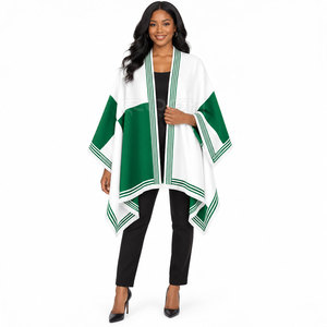 Cosh International Sorority Sisterhood White Green Color Blocking Poncho Batwing Sleeve V-Neck Long Casual Cotton <b>Cape</b> Sweater - Product Image 3