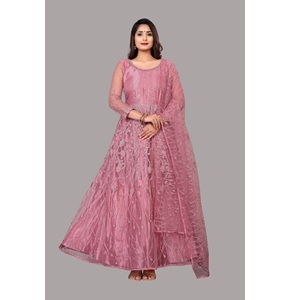 Traje Anarkali para Mujer, Manga 3/4, Crepé de Red, Semi-Cosido, de Secado Rápido, para Bodas, Fiestas y Ocasiones Festivas - Product Image 1