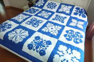 Royal Hawaiian Hand Applique Quilt Block Coastal Blue White Heirloom Bedding Custom <b>Queen</b> California King Tropical Bedroom Decor - Product Image 5
