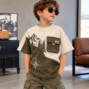 T-shirt graphique surdimensionné pour garçons, streetwear décontracté pour enfants, haut en coton à manches courtes et col rond, imprimé dinosaure, jeep, montagne, aventure - Product Image 2