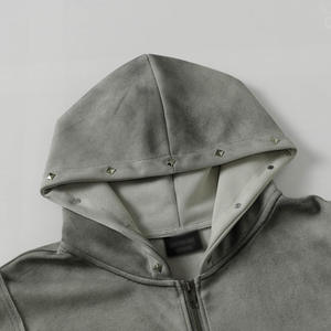 Men's Hooded Fleece <b>Jacket</b> Solid Color Zipper Closure Casual Loose Fit Autumn Wear Polyester Material - Product Image 5