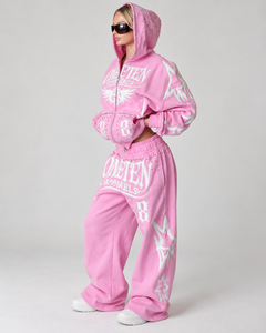 ONETEN APPAREL <b>Women's</b> <b>Pink</b> Hooded <b>Tracksuit</b> Set Full Zipper Rhinestone Logo Streetwear Sweatshirt Pants Regular Winter Printed - Product Image 2