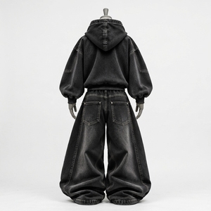 <b>Womens</b> Washed Black Denim Hoodie and Wide Leg <b>Baggy</b> <b>Jeans</b> Set Oversized Streetwear Two Piece Outfit Custom Wholesale - Product Image 4