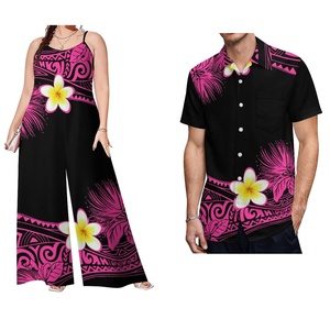 ชุดลำลองคู่รักลายชนเผ่าโพลินีเซียนราคาประหยัด ชุดเซ็ต 2 ชิ้น เสื้อผู้ชายลายพิมพ์แบบซามัว และจั๊มสูทหลวมสำหรับผู้หญิง ไซส์พลัส - Product Image 4