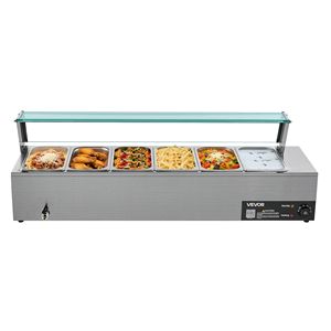 Scaldavivande Elettrico Commerciale 1500W in Acciaio Inox con 6 Vasche da 1/3, Buffet Bain Marie con Coperchio in Vetro, Attrezzatura per Mantenere il Cibo Caldo - Product Image 1