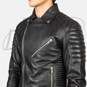 Blouson de motard en cuir noir pour homme, avec épaules matelassées côtelées, en véritable peau de mouton, coupe ajustée, pour automne-hiver, veste de moto, vêtement d'extérieur - Product Image 1