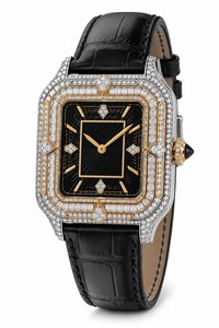 Reloj de Lujo Unisex Rectangular de Oro Blanco con Diamantes, Esfera Negra, Correa de Cuero, Movimiento Mecánico, Cristal de Zafiro de 41 mm - Product Image 3