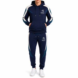 SINEWY SPORTS Men's Navy Blue Hooded Tracksuit Set Color Blocking Sporty Style Full Length With Side Pockets - Product Image 1