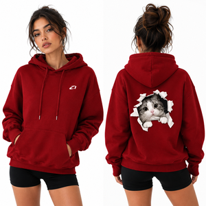Women's Red Hoodies With Cat Print <b>Back</b> Design Casual Cotton Sweatshirt Regular Fit Autumn Winter <b>Drop</b> Shoulder Custom Logo OEM - Product Image 1
