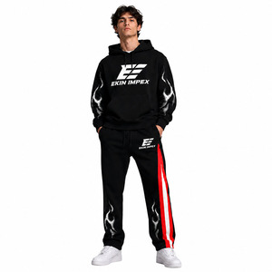 Ensemble survêtement molletonné personnalisé noir imprimé flamme pour homme – Coupe oversize streetwear - Product Image 1