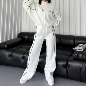 Winter <b>Zip</b> <b>up</b> Tracksuit Contrast Piping Front Logo Two Piece Athletic Set High Waist Flare Leg Joggers Stylish Women Sportswear - Product Image 2