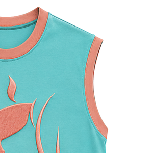 Camiseta sin Mangas Azul Turquesa con Diseño de Sol Bordado en Coral, Chaleco Casual de Verano para Mujer, Tops de Moda Personalizados OEM - Product Image 5