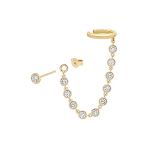Pendientes de Oreja Tipo Cuff con Cadena, Sin Perforación, Oro Sólido de 14k y 18K, Conector de Cartílago, Bisel con Diamante Redondo Cultivado en Laboratorio, Precio de Fábrica - Product Image 1