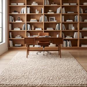 Alfombra Exclusiva Tejida a Mano de Lana Crema Beige, Texturizada con Bucle, Pelo Medio, Moderna, para Sala de Estar, Dormitorio, Entrada, Decoración - Product Image 2